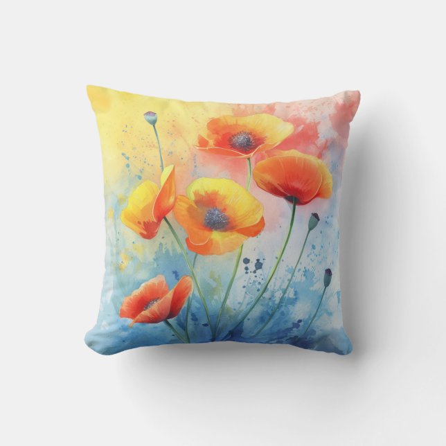 Rode klaprozen – Watercolor Bloemaccent Kussen (Voorkant)