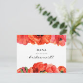 Rode klaprozen waterverf bruidsmeisje voorstel briefkaart (Staand voorkant)