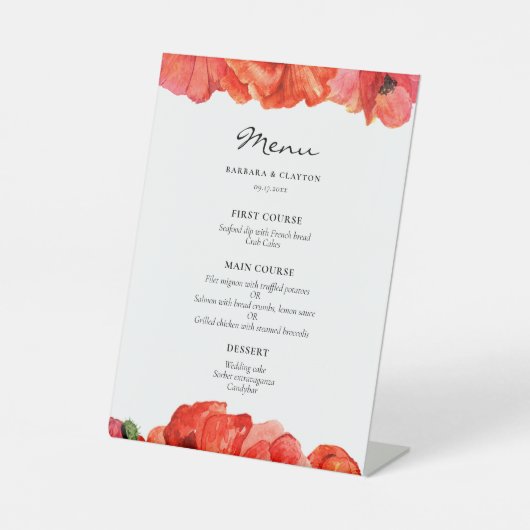 Rode klaprozen waterverf bruiloft menu reclamebord met voetstuk (Voorkant)