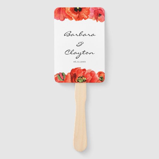 Rode klaprozen waterverf bruiloft programma handwaaier (Voorkant)