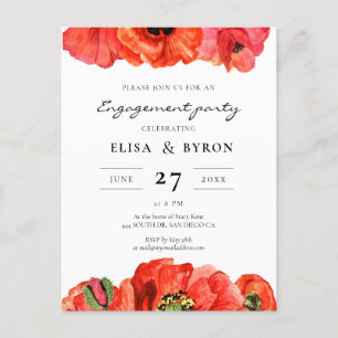 Rode klaprozen waterverf verlovingsfeestuitnodigin briefkaart