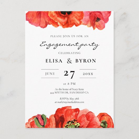 Rode klaprozen waterverf verlovingsfeestuitnodigin briefkaart (Voorkant)