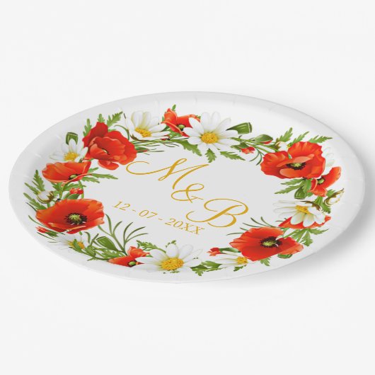 Rode klaprozen Witte gele madeliefjes Bloemkrans Papieren Bordje (Gekanteld)