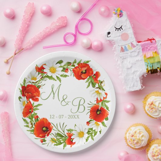 Rode klaprozen Witte gele madeliefjes Bloemkrans Papieren Bordje (Feest)