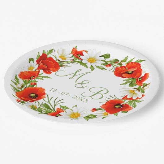 Rode klaprozen Witte gele madeliefjes Bloemkrans Papieren Bordje (Gekanteld)