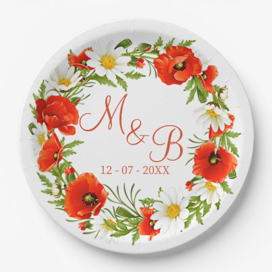 Rode klaprozen Witte gele madeliefjes Bloemkrans Papieren Bordje (Voorkant)