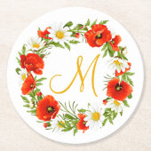 Rode klaprozen Witte gele madeliefjes Bloemkrans Ronde Kartonnen Onderzetter (Voorkant)
