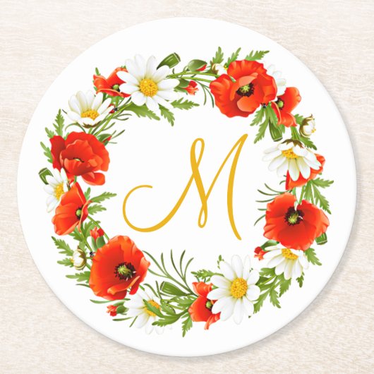 Rode klaprozen Witte gele madeliefjes Bloemkrans Ronde Kartonnen Onderzetter (Voorkant)