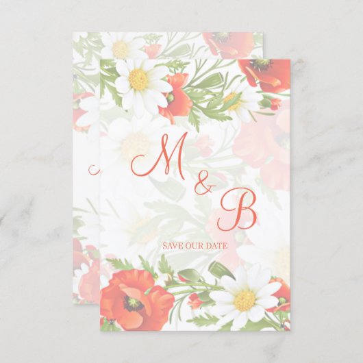 Rode klaprozen Witte gele madeliefjes Bloemkrans Save The Date (Voorkant / Achterkant)