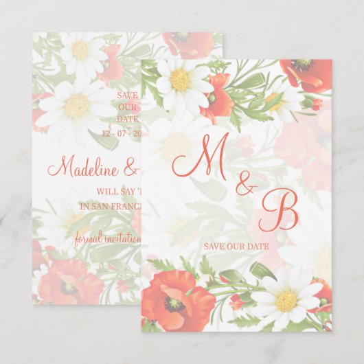 Rode klaprozen Witte gele madeliefjes Bloemkrans Save The Date (Voorkant / Achterkant)