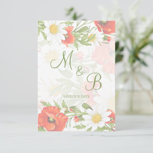 Rode klaprozen Witte gele madeliefjes Bloemkrans Save The Date (Staand voorkant)