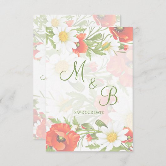 Rode klaprozen Witte gele madeliefjes Bloemkrans Save The Date (Voorkant / Achterkant)