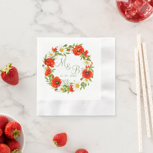 Rode klaprozen Witte gele madeliefjes Bloemkrans Servet (Insitu)