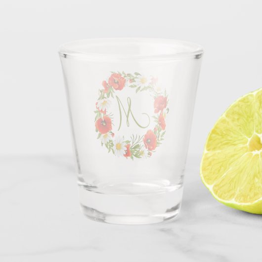 Rode klaprozen Witte gele madeliefjes Bloemkrans Shot Glas (Achterkant)