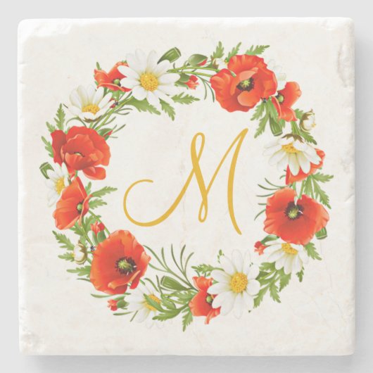 Rode klaprozen Witte gele madeliefjes Bloemkrans Stenen Onderzetter (Voorkant)