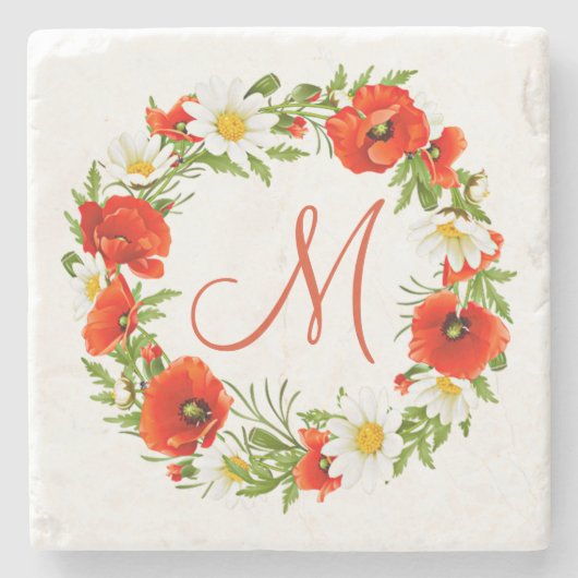 Rode klaprozen Witte gele madeliefjes Bloemkrans Stenen Onderzetter (Voorkant)