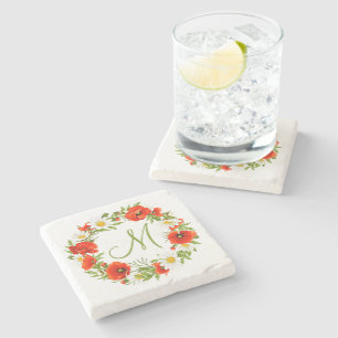 Rode klaprozen Witte gele madeliefjes Bloemkrans Stenen Onderzetter