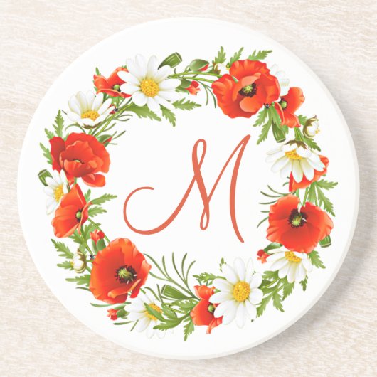 Rode klaprozen Witte gele madeliefjes Bloemkrans Zandsteen Onderzetter (Voorkant)