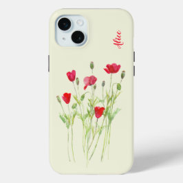 Rode klaprozen zomerweide, wilde bloemen iPhone 15 mini hoesje