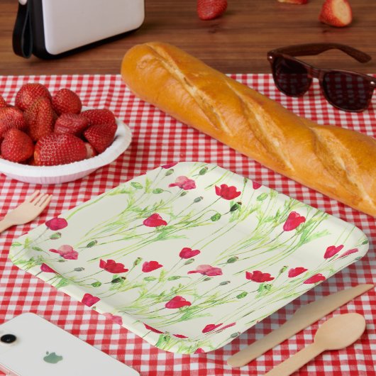 Rode klaprozen zomerweide, wilde bloemen papieren bordje (Picknick)