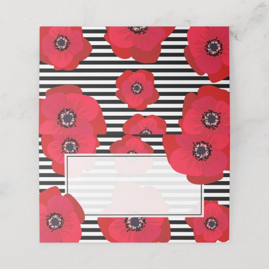 Rode klaprozen & zwart en witte strepen bruiloft plaatskaartje (Buitenkant ongevouwen)