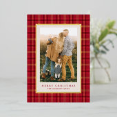 Rode klassieke kerst gespeeld drie foto's folie feestdagenkaart (Staand Voorkant)