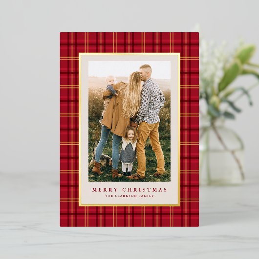 Rode klassieke kerst gespeeld drie foto's folie feestdagenkaart (Staand Voorkant)