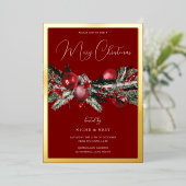 Rode klassieke kerstfeest gouden grens folie uitnodiging (Staand Voorkant)