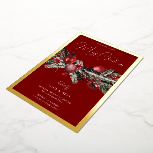 Rode klassieke kerstfeest gouden grens folie uitnodiging (Gedraaid)