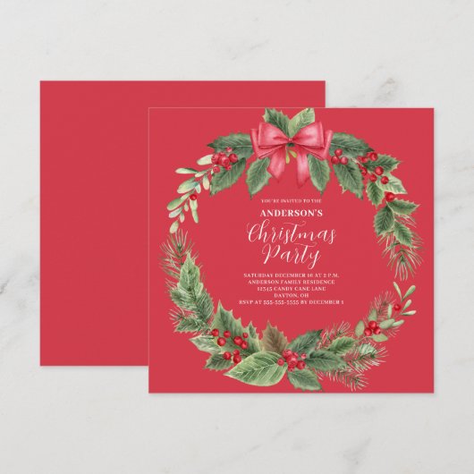 Rode Klassieke Kerstkrans Party Uitnodiging (Voorkant / Achterkant)