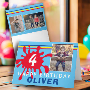 Rode Kleur Splash 3 Foto Verjaardag Kaart voor Kin