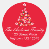 Rode kleurrijke kerstboom ronde adreslabel ronde sticker (Voorkant)