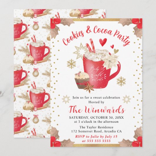 Rode koekjes en Cacao Feestje Winter Kaart (Voorkant / Achterkant)