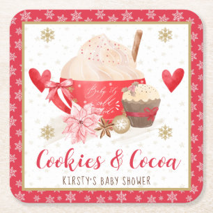Rode koekjes en cacaobabyfeestje kartonnen onderzetters