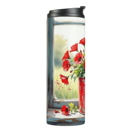 Rode Koffie Tin van Rode Poppies Thermosbeker (Gedraaid links)