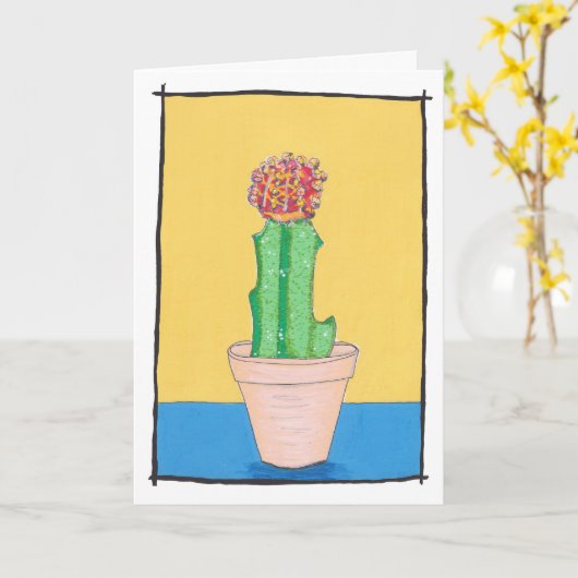 Rode kogelcactus, naïeve kunsttekening, schattig kaart (Gele Bloem)