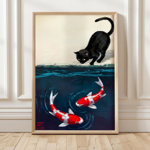 Rode Koi Vis en Kat Print, Grappige Japanse Kunst Poster