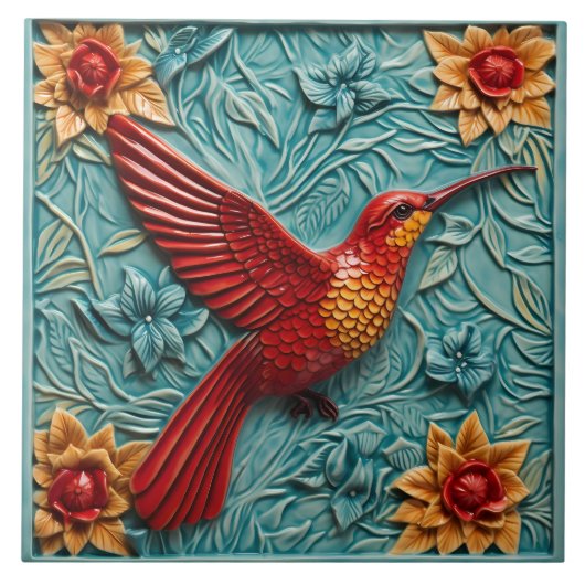 Rode kolibrie faux 3D Tegeltje (Voorkant)