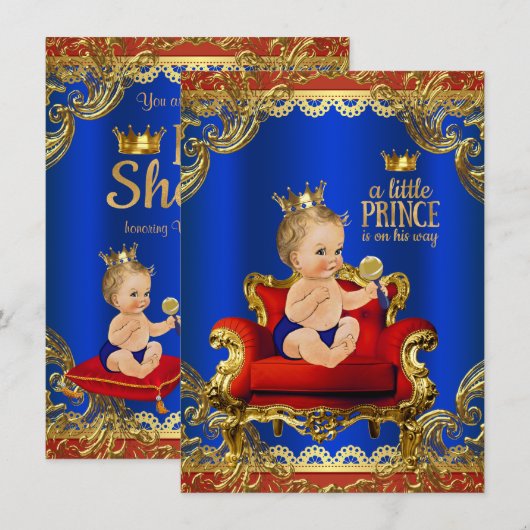 Rode Koninklijke Blauwe Gouden Stoel Prins Baby Sh Kaart (Voorkant / Achterkant)