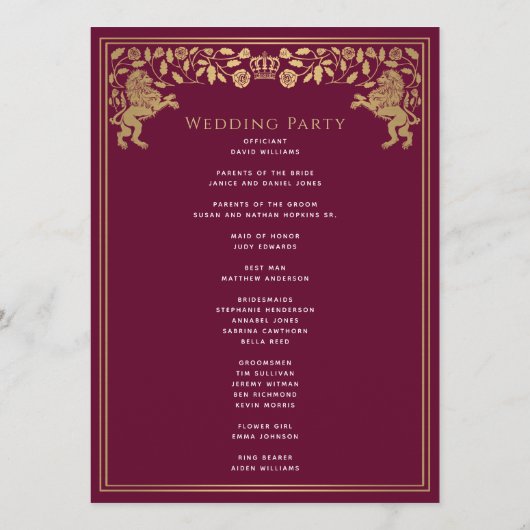 Rode Koninklijke Leeuw Middeleeuws Zwaard Wedding  Programmakaart (Achterkant)