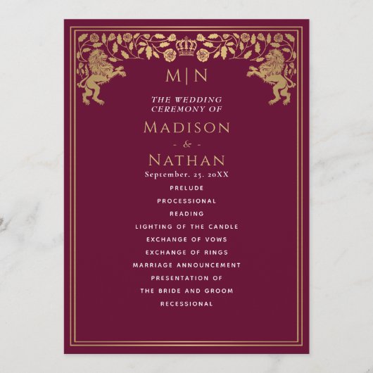 Rode Koninklijke Leeuw Middeleeuws Zwaard Wedding  Programmakaart (Voorkant)