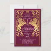 Rode koninklijke leeuw middeleeuwse gouden bruilof kaart (Voorkant)