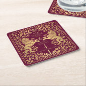 Rode koninklijke leeuw middeleeuwse zwaard bruilof kartonnen onderzetters (Schuin)