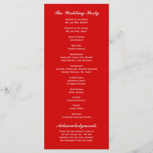 Rode koninklijke weddenschap programmakaart (Achterkant)