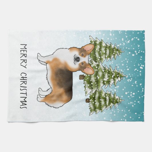 Rode koppen Tri Pembroke Corgi Winter Kerstmis Theedoek (Horizontaal)