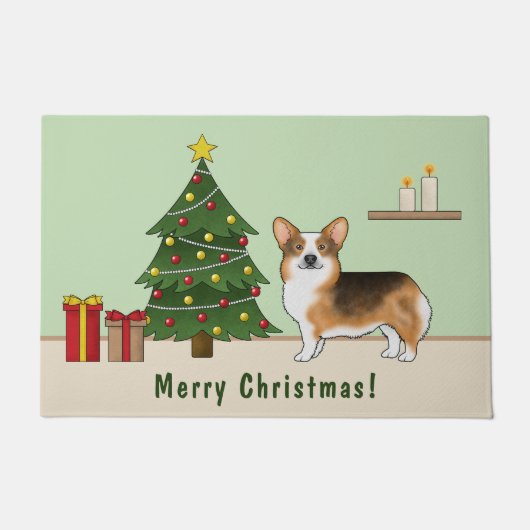 Rode koppen Tri Pembroke Welsh Corgi kerstboom Deurmat (Voorkant)