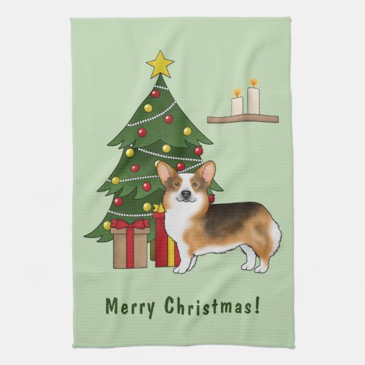 Rode koppen Tri Pembroke Welsh Corgi kerstboom Theedoek (Verticaal)