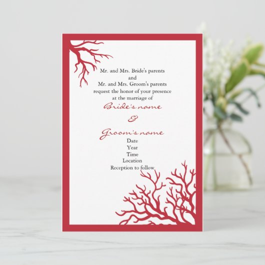 Rode koraal formele uitnodiging (Staand voorkant)