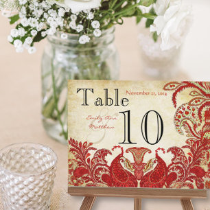 Rode Koraal Lime Paisley Huwelijk Tafel Nummer Briefkaart