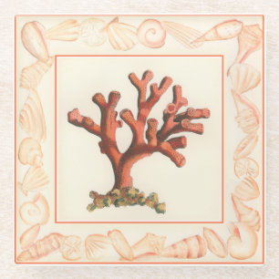 Rode koraal met de Grens van Shell van de Zeggen Glazen Onderzetter